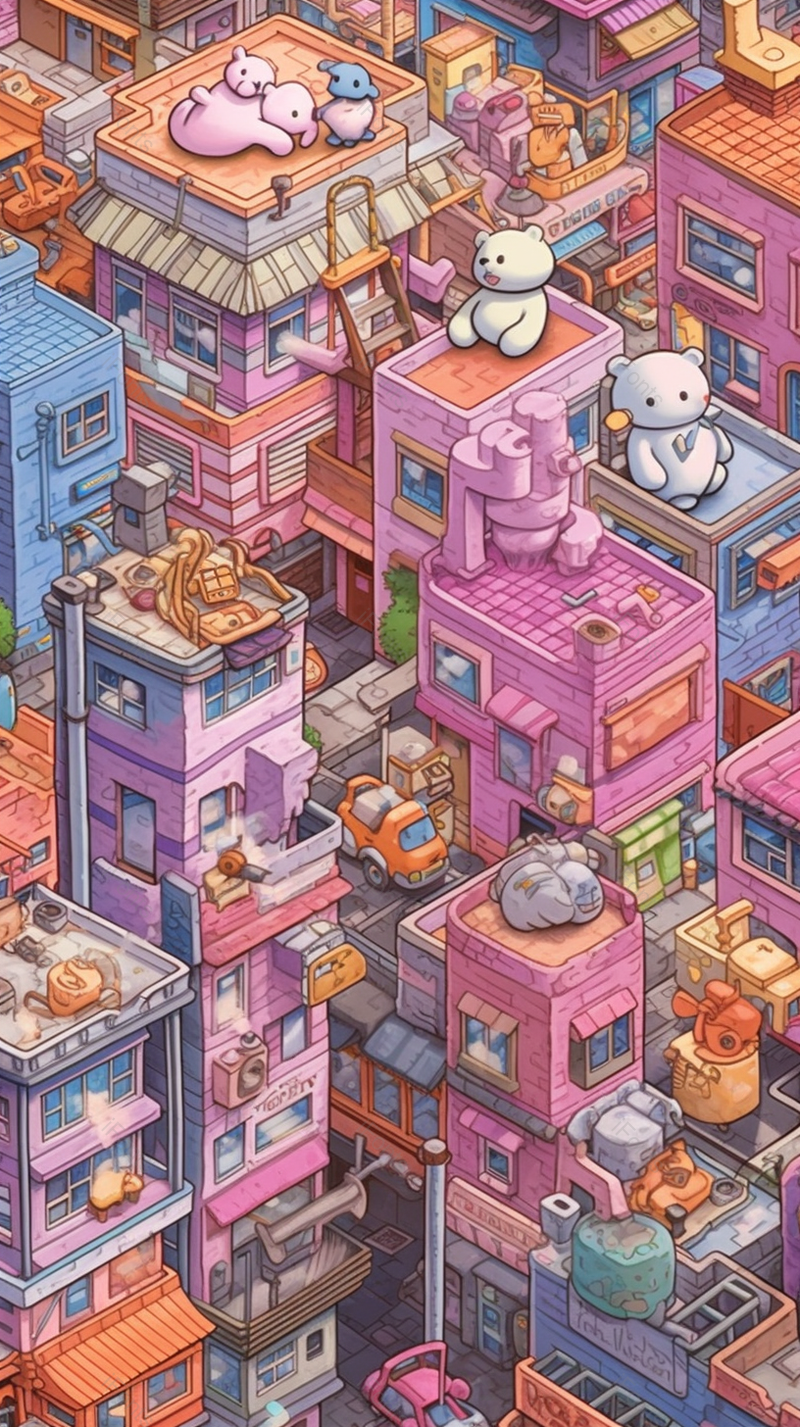 玩具小熊楼顶宠物乐园楼房房屋城市六一儿童节背景粉色插画,插画/手绘图,插画/手绘图库,插画/手绘图下载,插画/手绘